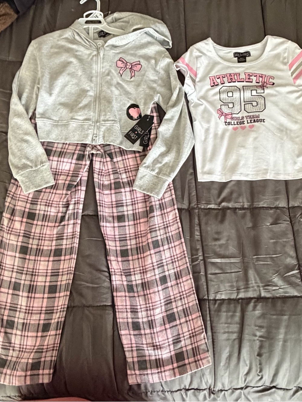 Girls Pink Plaid Hooded Pajama Set - Athletic Graphic Tee & Cozy Hoodie